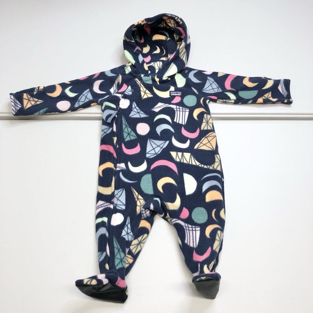 PATAGONIA Infant Micro D Fleece Bunting Suit 3-6M Crescent Moons Mirage Navy - Picture 1 of 12